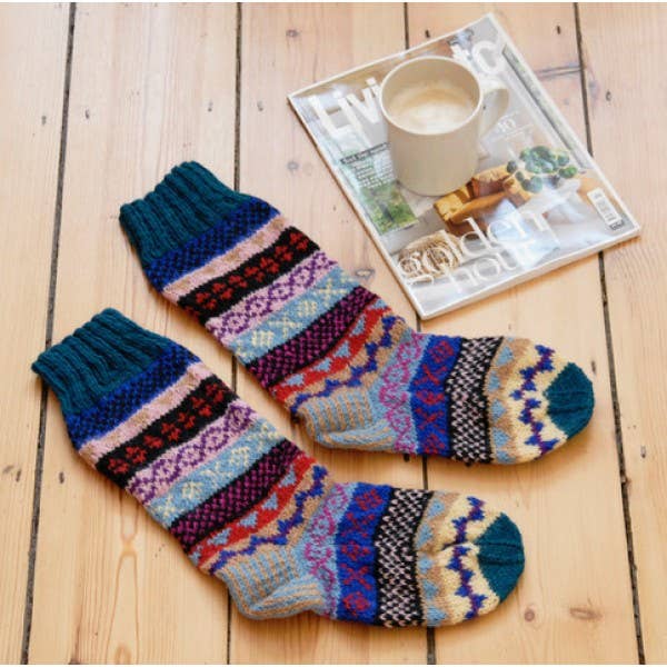 WOOLLEN FAIRE ISLE WELLY/SLOUCH SOCKS- TEAL AND MULTI