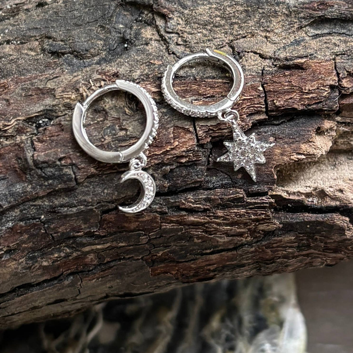 STERLING SILVER CUBIC ZIRCONIA STAR MOON HUGGIE EARRINGS