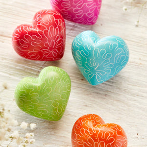 SOAPSTONE DECORATED HEART SHAPED PEBBLE - VARIOUS COLOURS