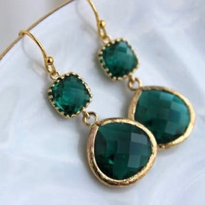 GOLD LARGE EMERALD GREEN EARRINGS