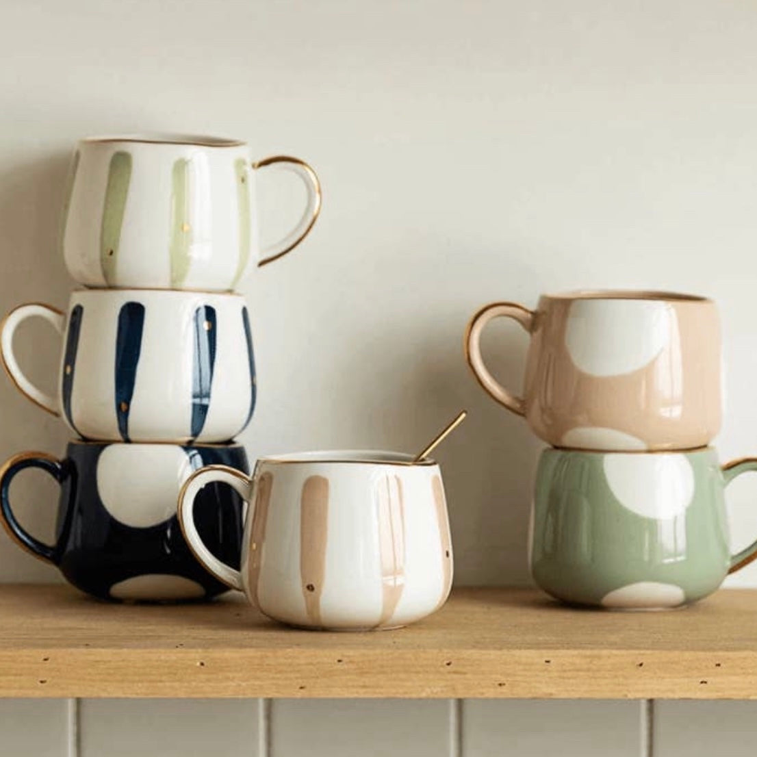 NORDIC MUGS - CERAMIC POLKA DOT AND STRIPED - VARIOUS  COLOURS